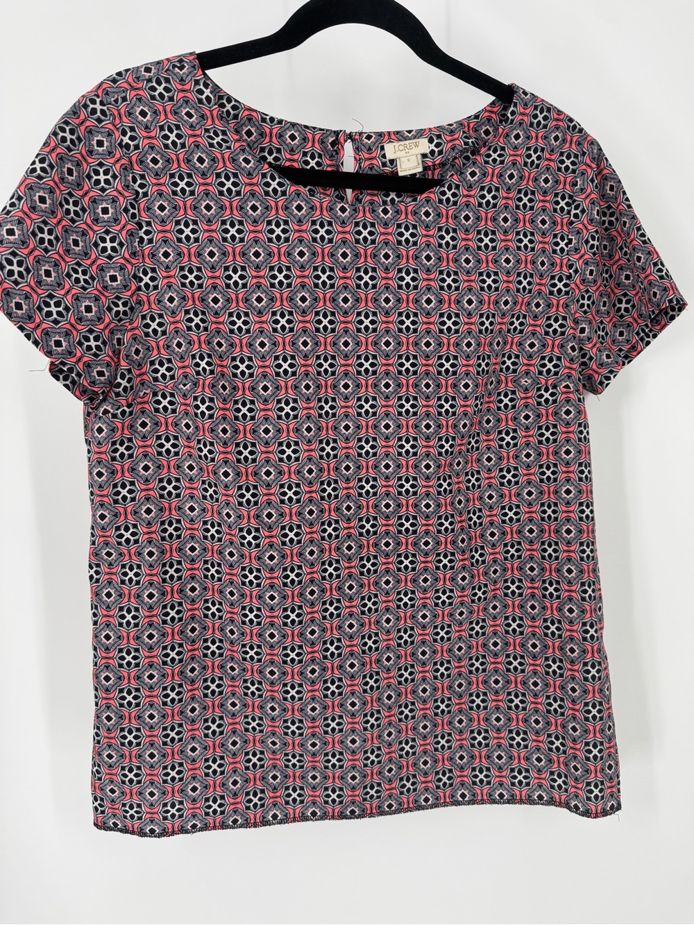J. Crew Black and Pink Geometric Short-Sleeve Blouse